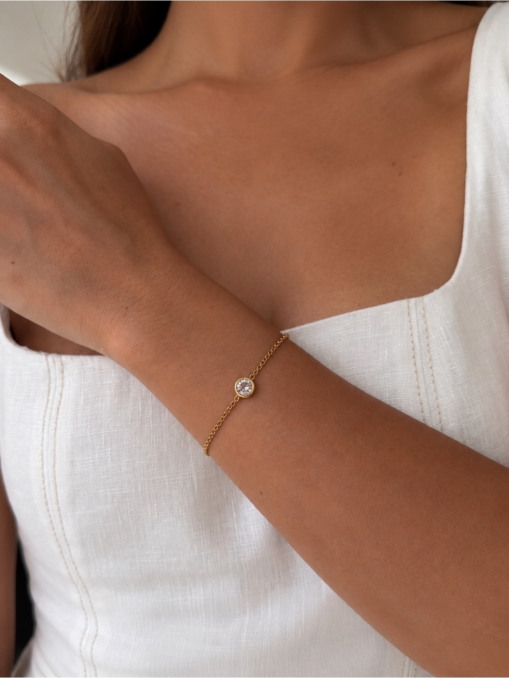 Gold Chain Bracelet with Solitaire Crystal Accent